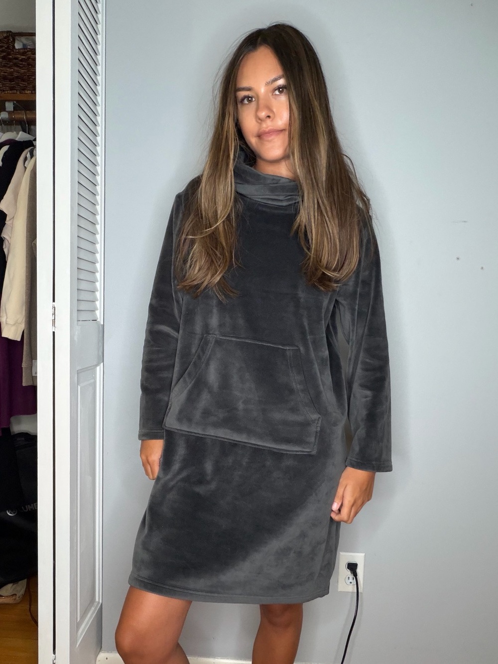 Cozy Plush Funnel Neck Poncho Sweater - Charcoal